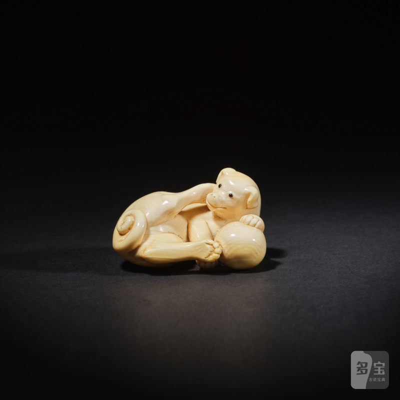 象牙彫根付 犬 無銘 19世紀前期 | NETSUKE EN IVOIRE REPRÉSENTANT UN CHIEN COUCHÉ